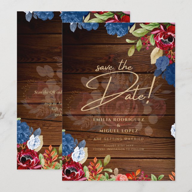 Rustic Burgundy Blue Floral Wedding SAVE THE DATE Invitation (Front/Back)