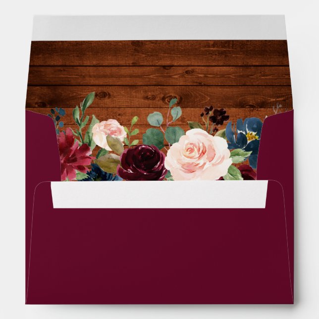 Rustic Burgundy Blue Floral Wood Invitation Envelope (Back (Bottom))