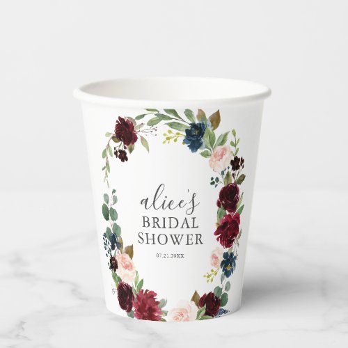 Rustic Burgundy Blue Flowers Bridal Shower Paper Cups