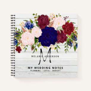 Rustic Burgundy Blue Pink Floral Wedding Planning Notebook