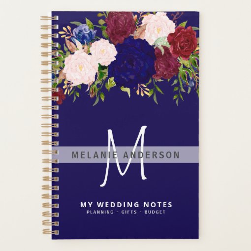 Rustic Burgundy Blue Pink Floral Wedding Planning Planner | Zazzle