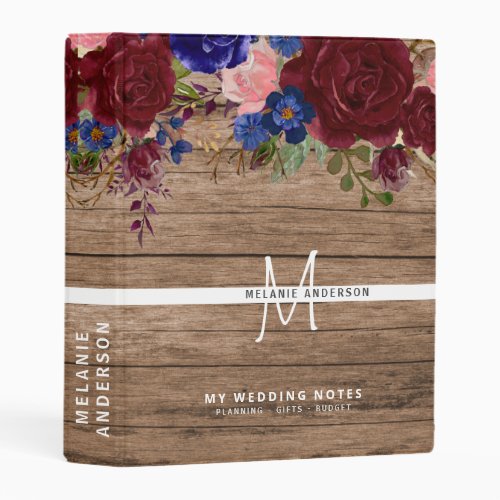 Rustic Burgundy Blue Pink Flowers Wedding Planning Mini Binder