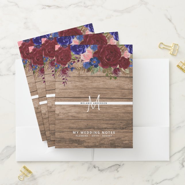 Rustic Burgundy Blue Pink Flowers Wedding Planning Pocket Folder (In Situ)