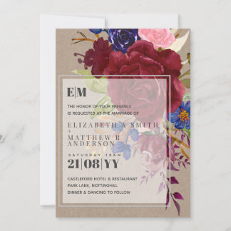 Rustic Burgundy Blue Rose Floral Wedding Invites