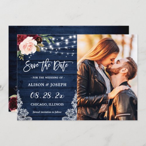 Rustic Burgundy Blue String Lights Wedding Photo Save The Date
