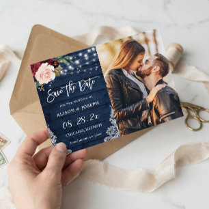 Rustic Burgundy Blue String Lights Wedding Photo Save The Date