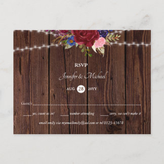 Rustic Burgundy Blue Wedding RSVP Postcard