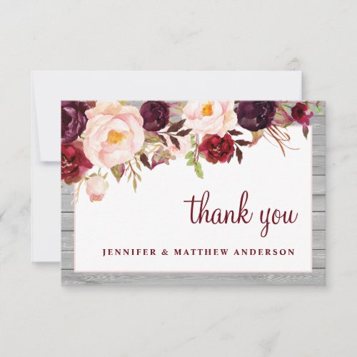 Rustic Burgundy Blush Barnwood Pink Border Wedding Thank You Card