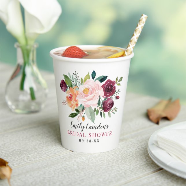 Rustic Burgundy Blush Fall Floral Bridal Shower Paper Cups (Insitu)