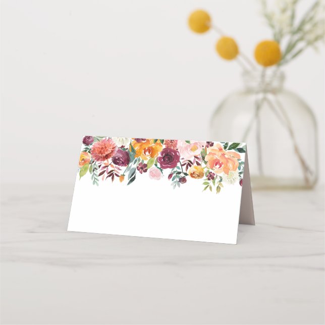 Rustic Burgundy Blush Fall Floral Monogram Wedding Place Card (Front)