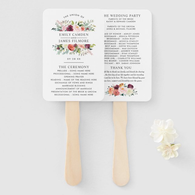 Rustic Burgundy Blush Fall Floral Wedding Ceremony Hand Fan (Front and Back)
