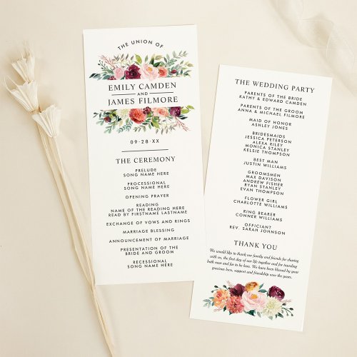 Rustic Burgundy Blush Fall Floral Wedding Ceremony Program