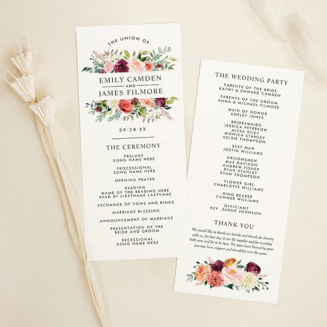 Rustic Burgundy Blush Fall Floral Wedding Ceremony Program (Creator Uploaded)