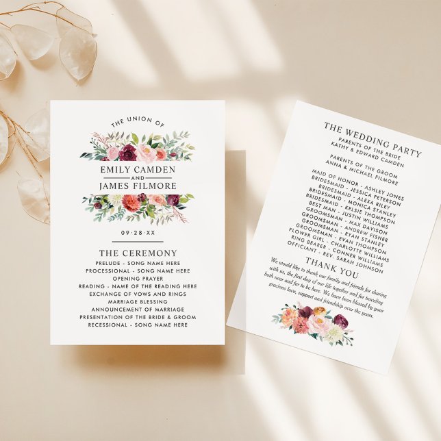 Rustic Burgundy Blush Fall Floral Wedding Ceremony Program (Creator Uploaded)