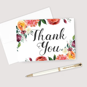 Rustic Burgundy Blush Fall Floral Wedding Script Thank You Card
