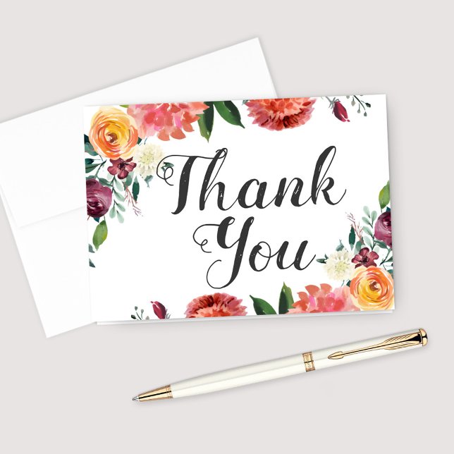 Rustic Burgundy Blush Fall Floral Wedding Script Thank You Card (Creator Uploaded)