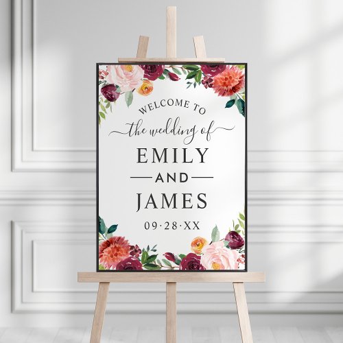 Rustic Burgundy Blush Fall Floral Wedding Welcome Poster