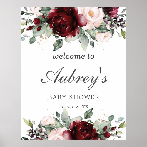 Rustic Burgundy Blush Floral Baby Shower Welcome Poster