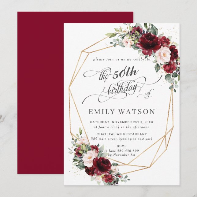 Rustic Burgundy Blush Floral Birthday Geometric Invitation (Front/Back)