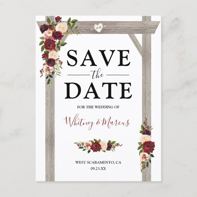 Rustic Burgundy Blush Floral Boho Save the Date Announcement Postcard