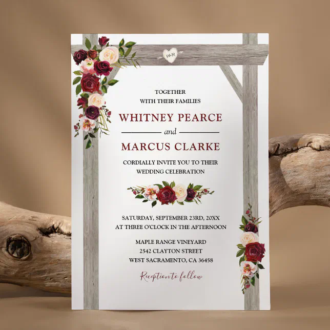 Rustic Burgundy Blush Floral Boho Wedding Arch Invitation | Zazzle