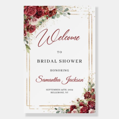 Rustic burgundy blush floral bridal shower welcome foam board