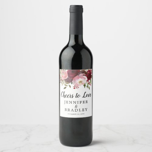 Rustic Burgundy Blush Floral Cheers to Love Wine Label