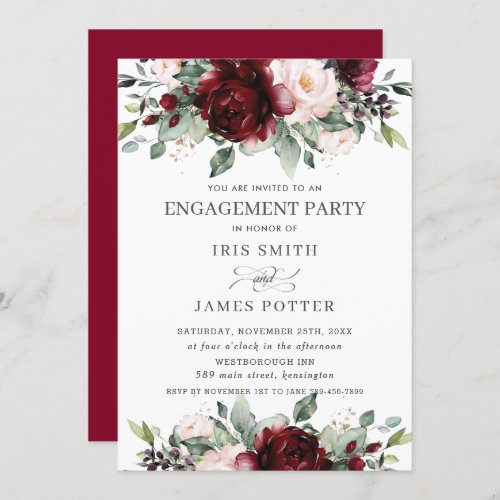Rustic Burgundy Blush Floral Engagement Party  Invitation