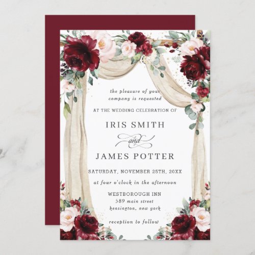 Rustic Burgundy Blush Floral Flower Arch Wedding  Invitation