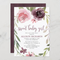 Rustic burgundy blush floral girl baby shower invitation