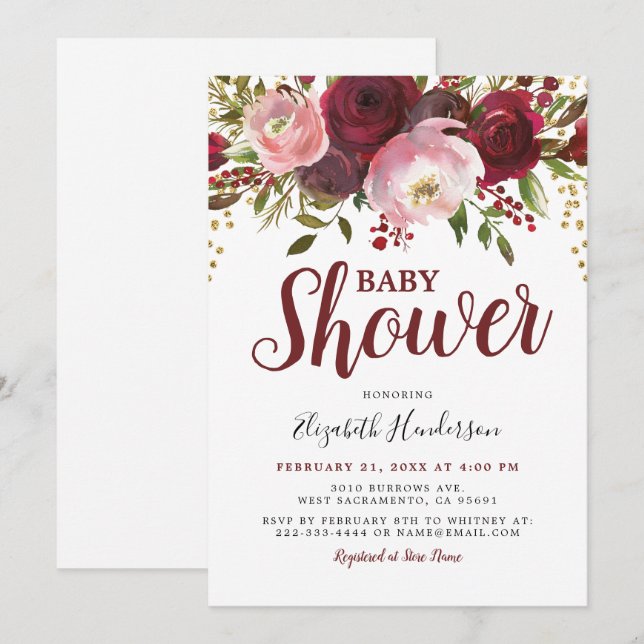 Rustic Burgundy Blush Floral Glitter Baby Shower Invitation (Front/Back)
