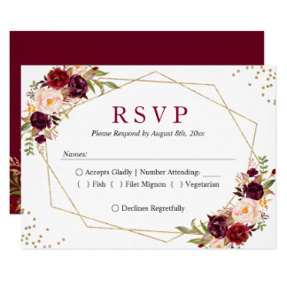 Rustic Burgundy Blush Floral Gold Glitters RSVP Card