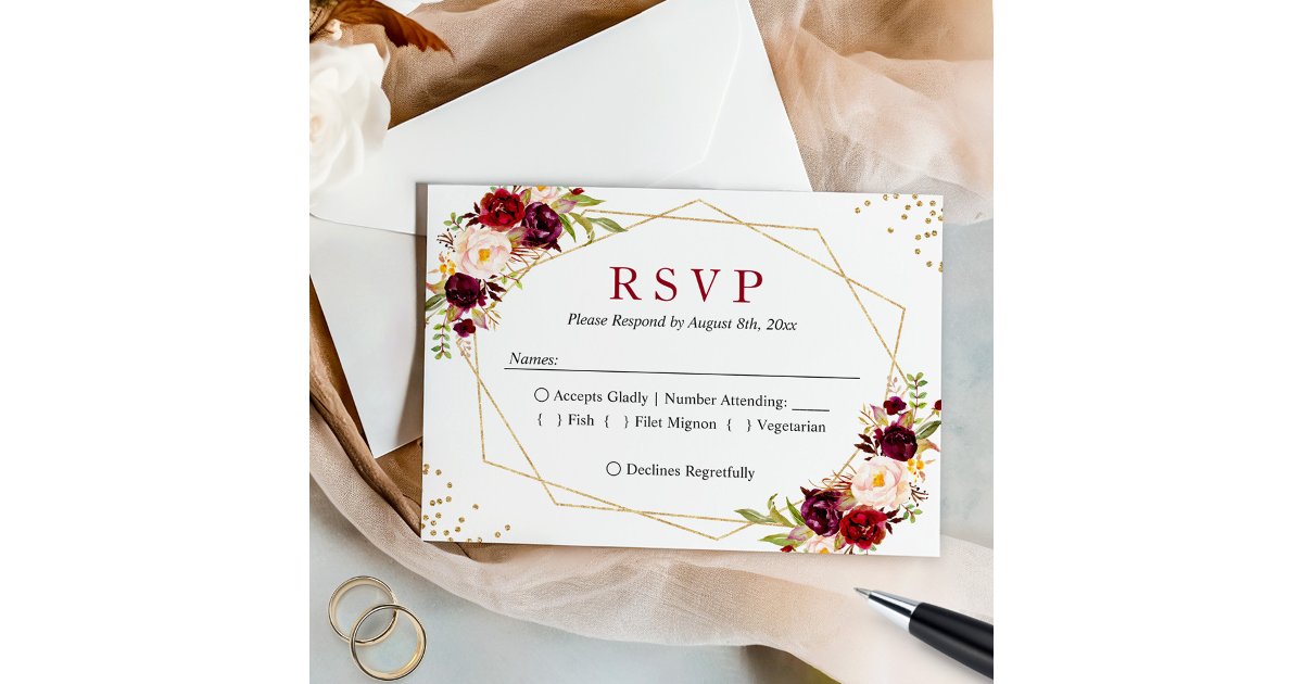 Rustic Burgundy Blush Floral Gold Glitters Wedding RSVP Card | Zazzle