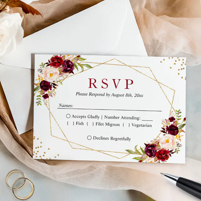 Rustic Burgundy Blush Floral Gold Glitters Wedding RSVP Card | Zazzle
