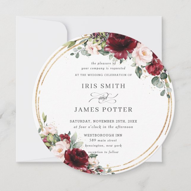 Rustic Burgundy Blush Floral Gold Greenery Wedding Invitation (Front)