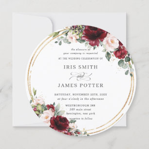 Rustic Burgundy Blush Floral Gold Greenery Wedding Invitation