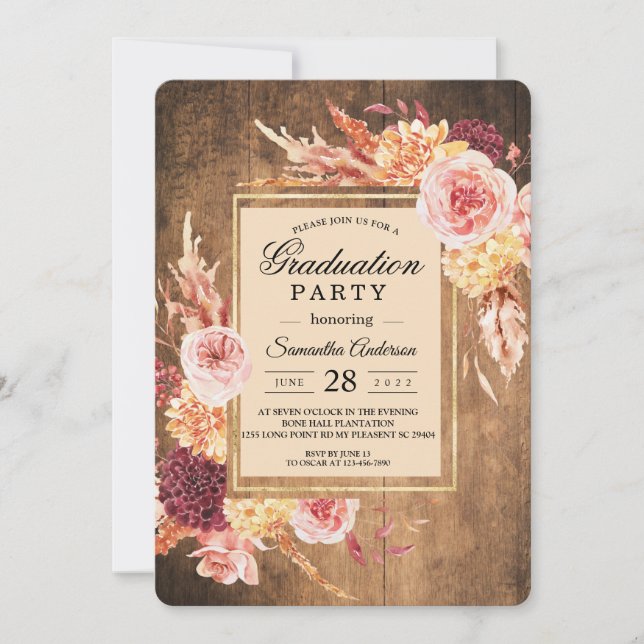 Rustic Burgundy & Blush Floral Graduation Invitation (Front)