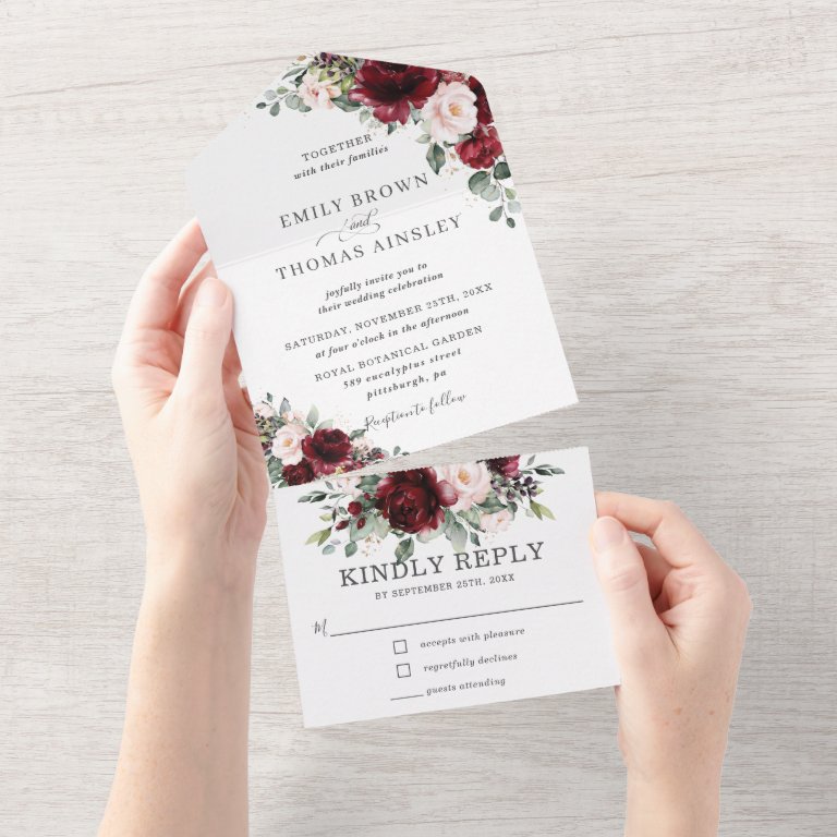 Rustic Burgundy Blush Floral Greenery Wedding All All In One Invitation