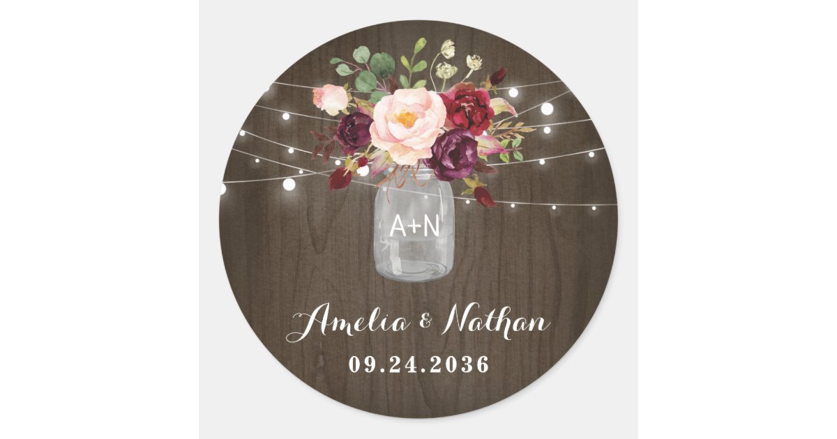 Rustic Burgundy Blush Floral Mason Jar Wedding Classic Round Sticker ...