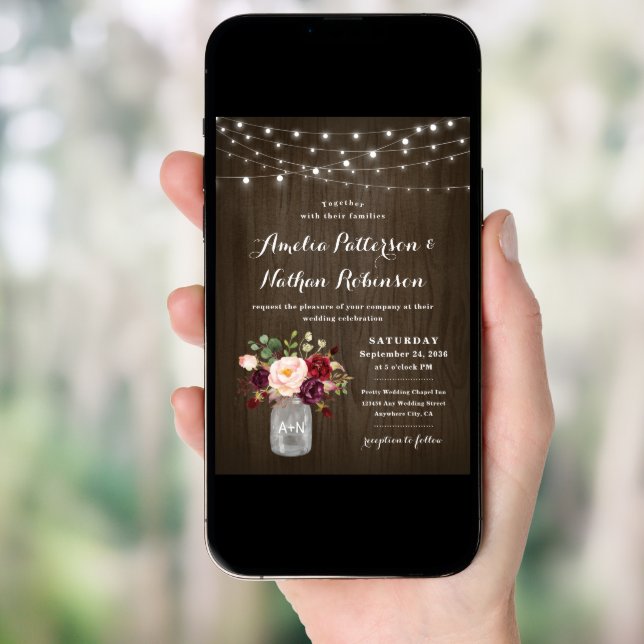 Rustic Burgundy Blush Floral Mason Jar Wedding Invitation (Front Digital)
