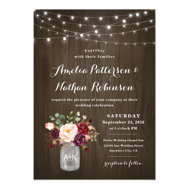 Rustic Burgundy Blush Floral Mason Jar Wedding Invitation