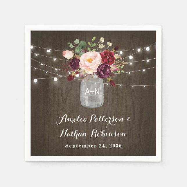 Rustic Burgundy Blush Floral Mason Jar Wedding Napkins (Front)