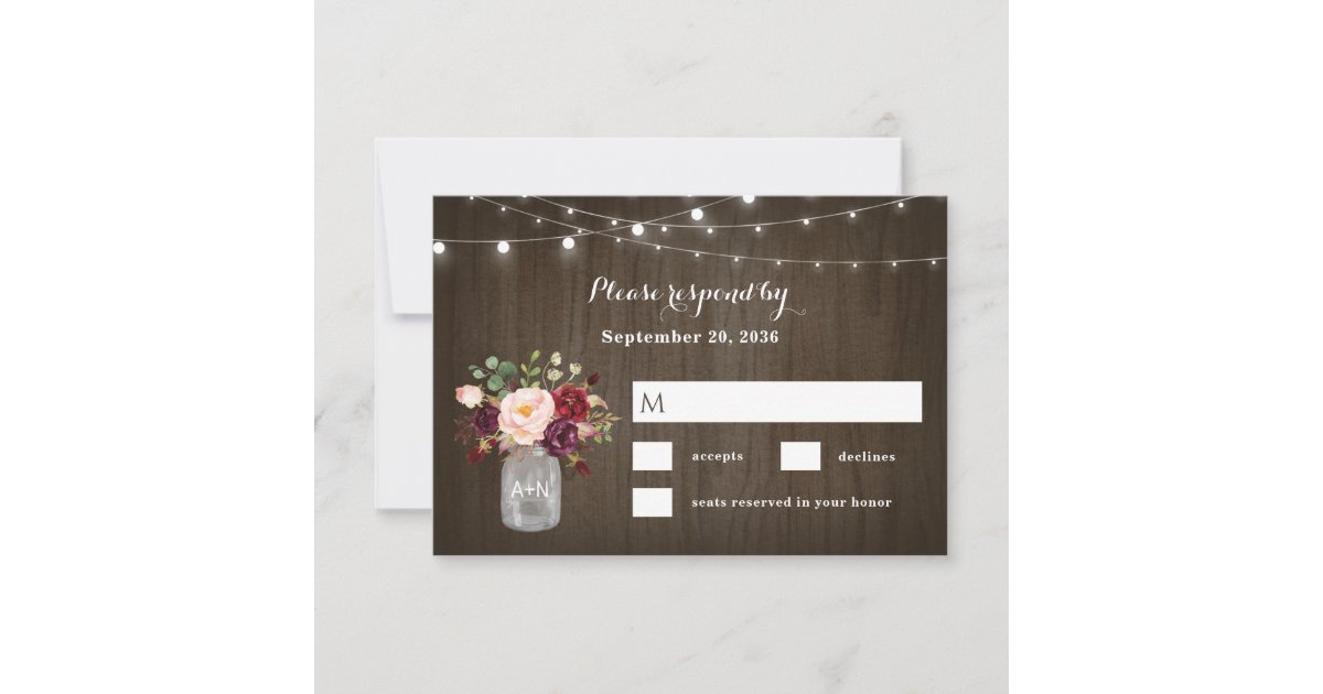 Rustic Burgundy Blush Floral Mason Jar Wedding RSVP Card | Zazzle