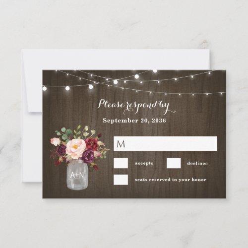 Rustic Burgundy Blush Floral Mason Jar Wedding RSVP Card