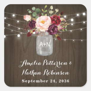 Rustic Burgundy Blush Floral Mason Jar Wedding Square Sticker