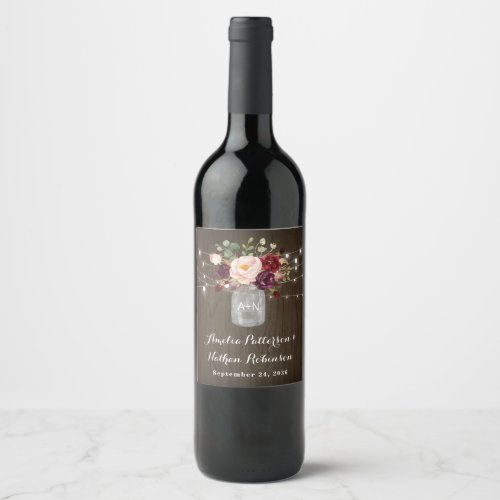 Rustic Burgundy Blush Floral Mason Jar Wedding Wine Label