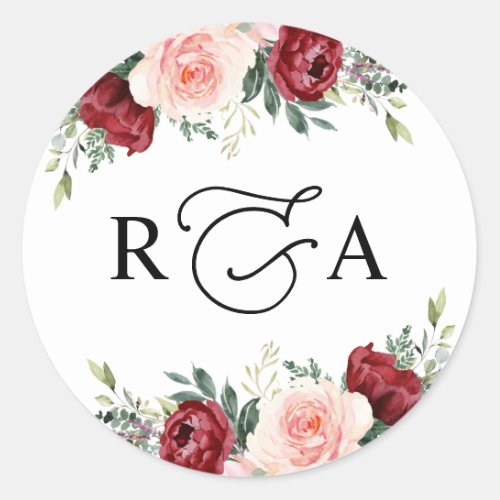 Rustic Burgundy Blush Floral Monogram Personalized Classic Round Sticker