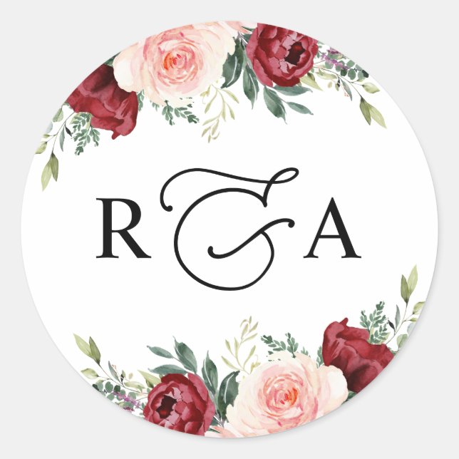 Rustic Burgundy Blush Floral Monogram Personalized Classic Round Sticker (Front)