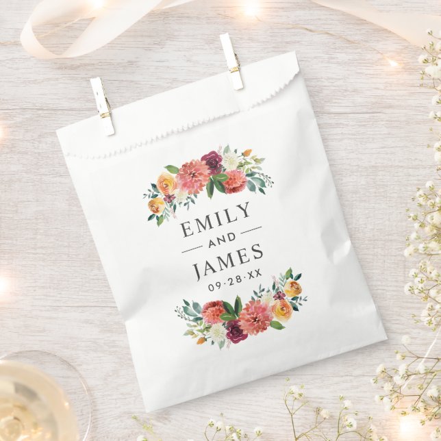 Rustic Burgundy Blush Floral Monogram Wedding Favor Bag (Clipped)