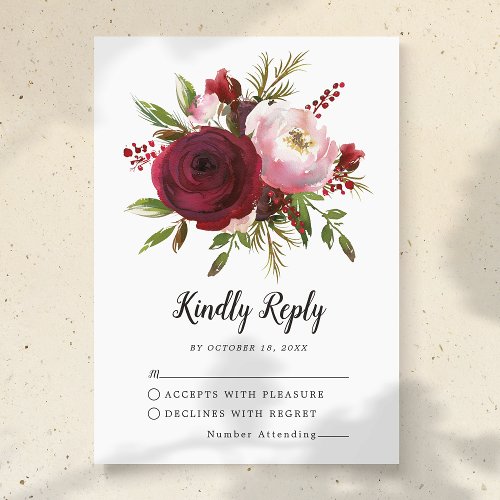 Rustic Burgundy Blush Floral Monogram Wedding RSVP